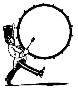 A cartoon drummer in a military-style uniform energetically playing a large bass drum while marching.