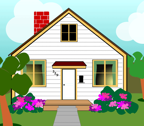 Charming white cottage with red brick chimney, colorful flowerbeds, and a welcoming front porch under a blue sky.