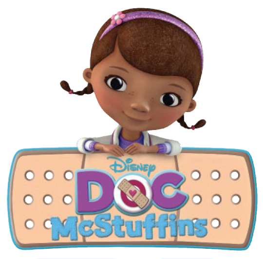 Doc McStuffins, a young animated girl in a white coat, smiles while holding a giant bandage with the show’s logo.