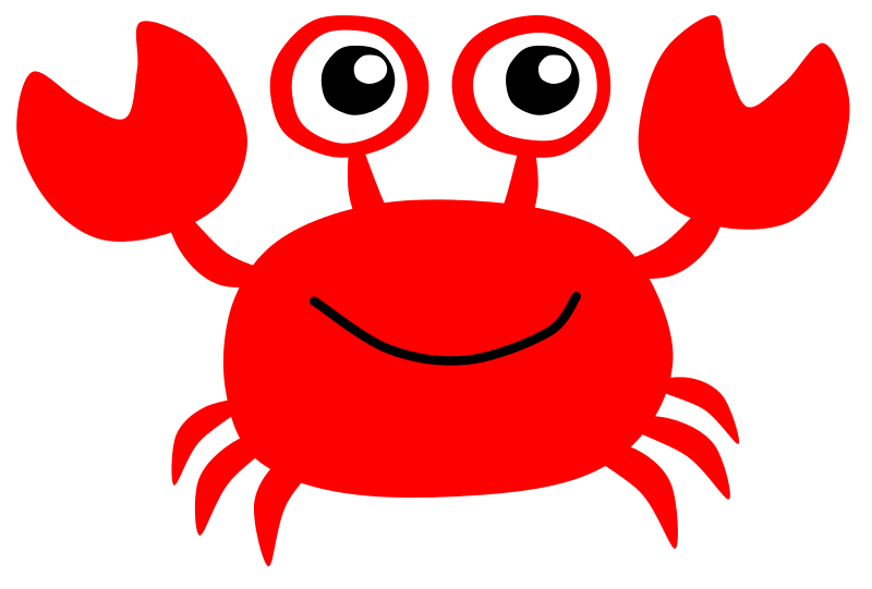 Cheerful red cartoon crab with big eyes and raised claws on black background.