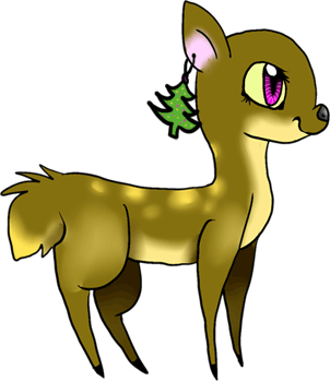 A cartoon fawn with large purple eyes and a green Christmas tree earring, standing in profile against a white background.