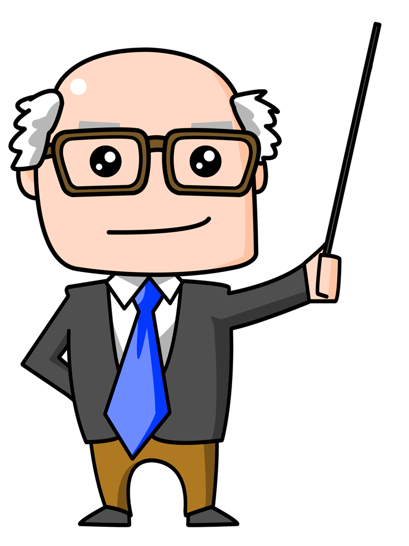 Cartoon professor with glasses, blue tie, and pointer stick, smiling confidently.