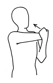 Line drawing of a person performing a shoulder stretch, arm across chest with hand pulling elbow inward.