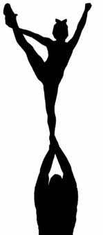 Silhouette of two gymnasts performing a dynamic acrobatic lift, one balanced overhead in a split.