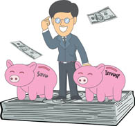 Businessman standing on stack of money with two piggy banks labeled "Save" and "Invest", cash flying around.