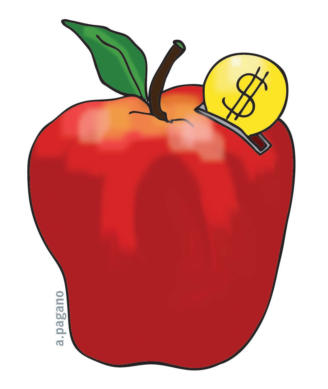 Red apple with a dollar-sign lightbulb embedded in its side, symbolizing financial insight or smart investment ideas.