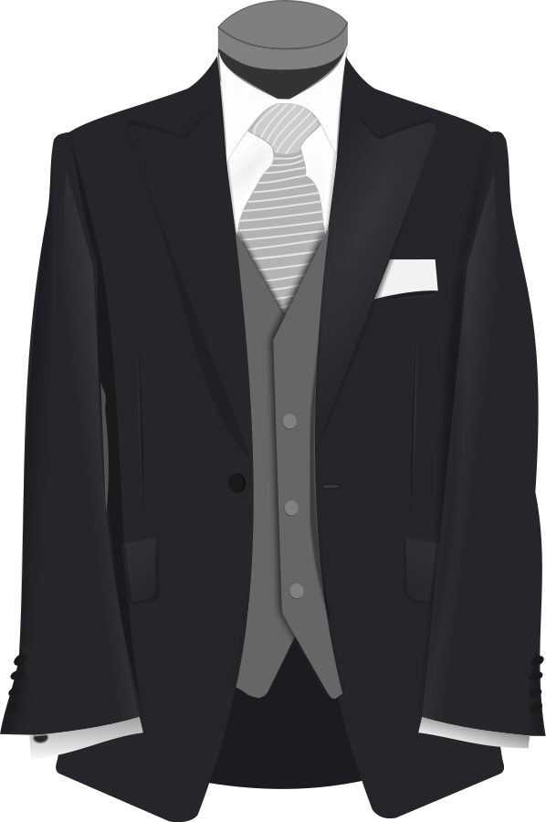 Classic black three-piece suit with gray vest, striped tie, and white pocket square on mannequin.