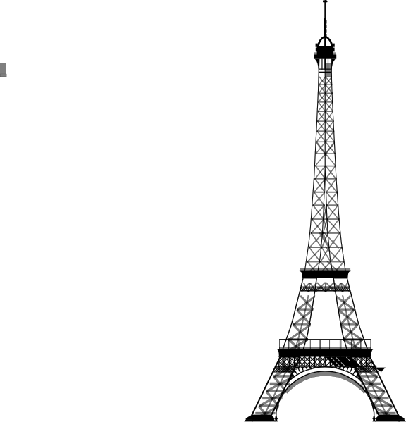 Black-and-white line art silhouette of the Eiffel Tower against a white background.