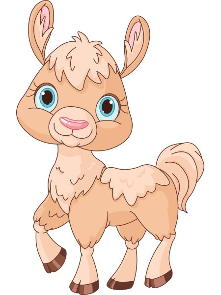 Cute cartoon baby alpaca with big blue eyes, fluffy tan fur, and pink inner ears standing on white background.