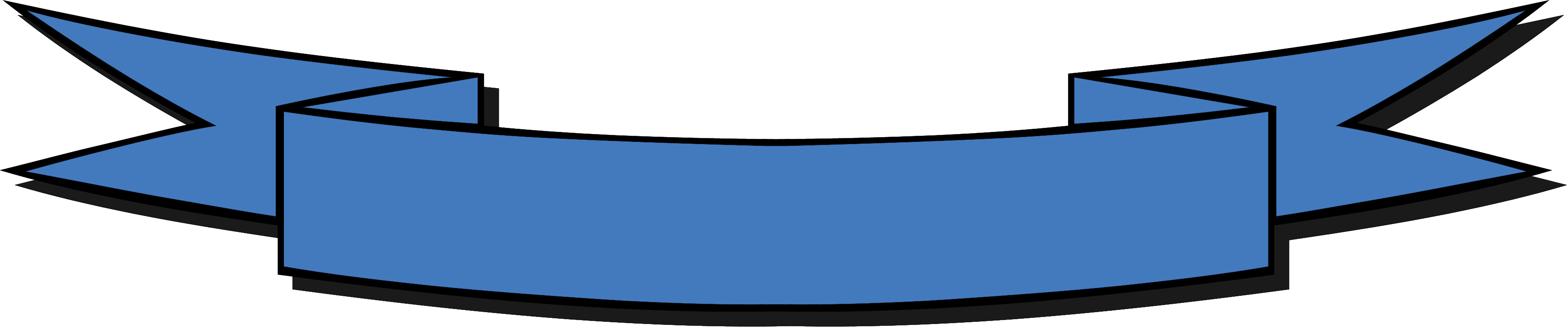 Blue ribbon banner with black outline and shadow, stylized for headings or highlights