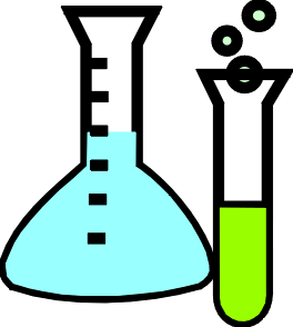 Conical flask with blue liquid and test tube with bubbling green liquid, illustrating a chemical reaction.