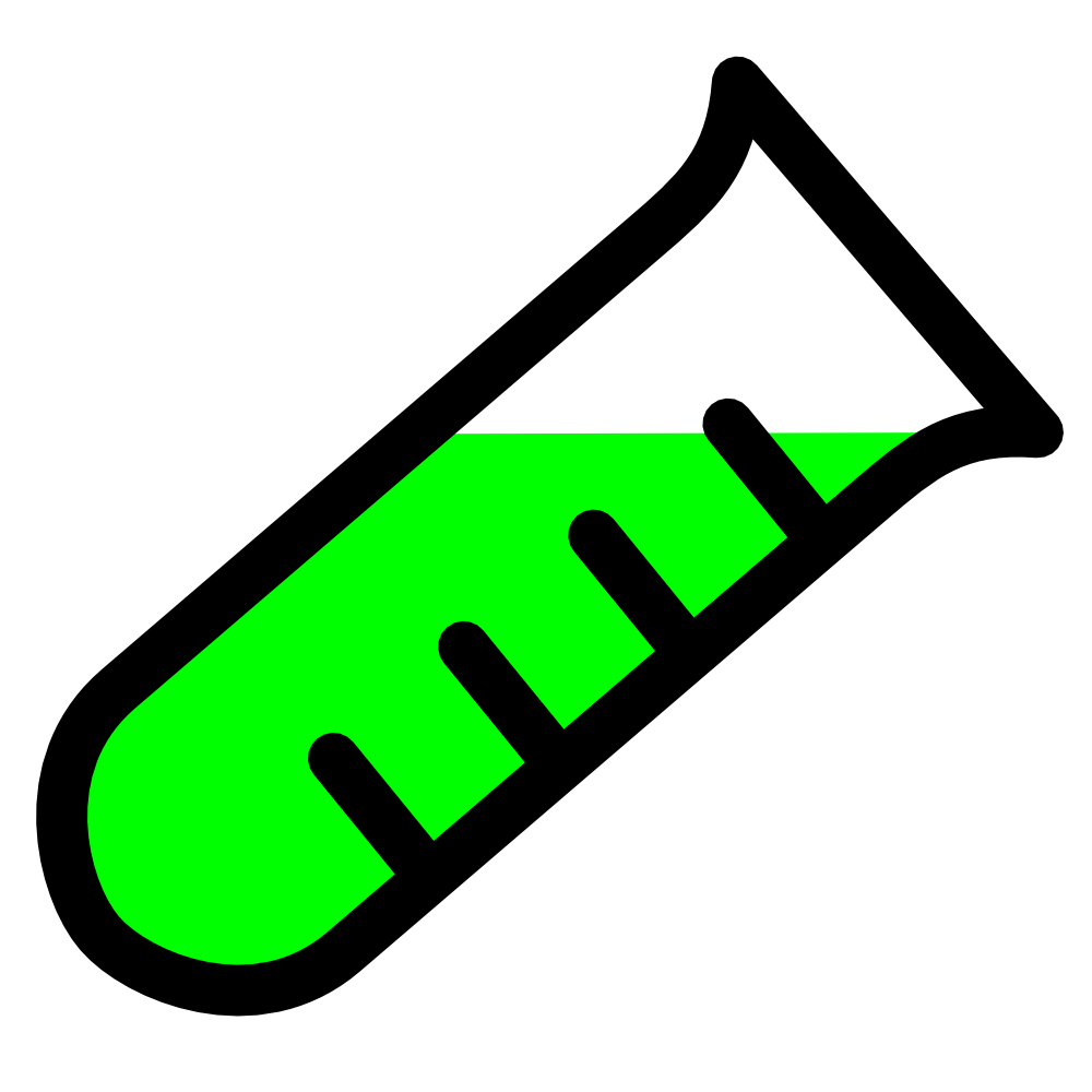 Green liquid in a tilted laboratory test tube with measurement markings.