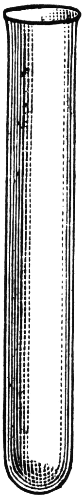 Black-and-white line drawing of a classic glass test tube with vertical striations and rounded bottom.