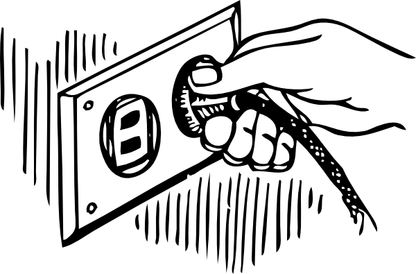 Hand plugging a cord into an electrical outlet with visible sparks indicating danger or overload.