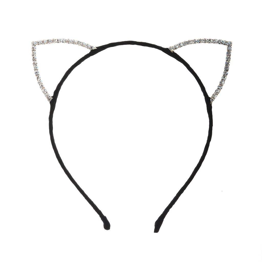 Black cat ear headband with sparkling rhinestone trim on white background