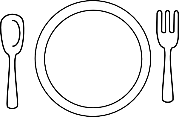 Simple line drawing of a dinner plate with spoon on left and fork on right, all in black outline on white background.