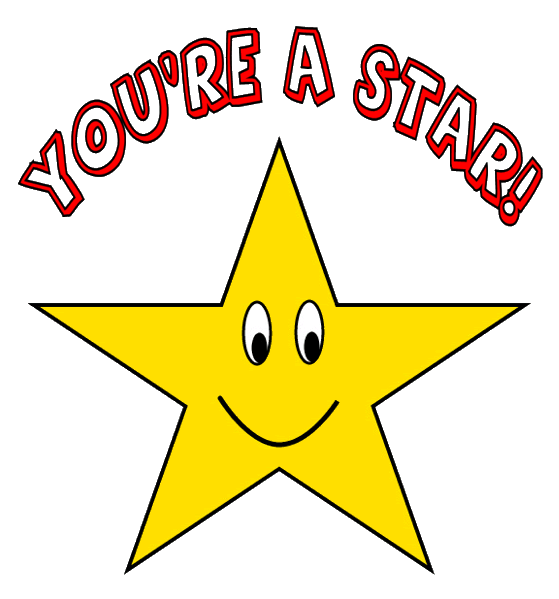 Cheerful yellow star with smiling face and "YOU'RE A STAR!" text above in red outlined letters.