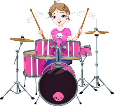 A cheerful cartoon girl with blonde hair plays a vibrant pink drum set, wearing a matching pink shirt with a skull logo.