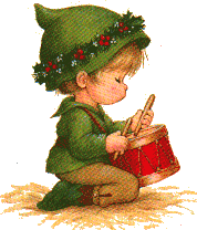 A whimsical illustration of a child in a green elf hat with holly, kneeling and playing a small red drum.