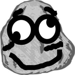 A cartoon-style smiling gray rock with large expressive eyes and a cheerful face.