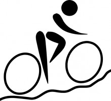 Stylized black silhouette of a cyclist in motion on a winding path, representing cycling sport or activity.