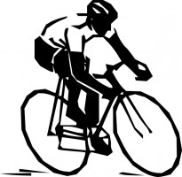 Black-and-white silhouette of a cyclist in racing posture on a road bike, wearing helmet and sporty attire.