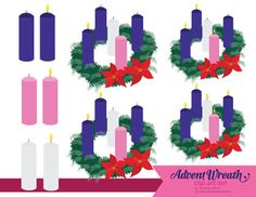 Advent wreath clipart with green foliage, red poinsettias, and purple, pink, and white candles arranged in four variations.