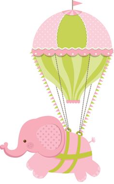 A cute pink baby elephant wearing a green harness floats beneath a pink-and-green polka-dotted hot air balloon with a tiny flag.