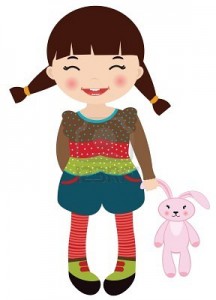 Smiling cartoon girl with pigtails, colorful outfit, and pink stuffed bunny.