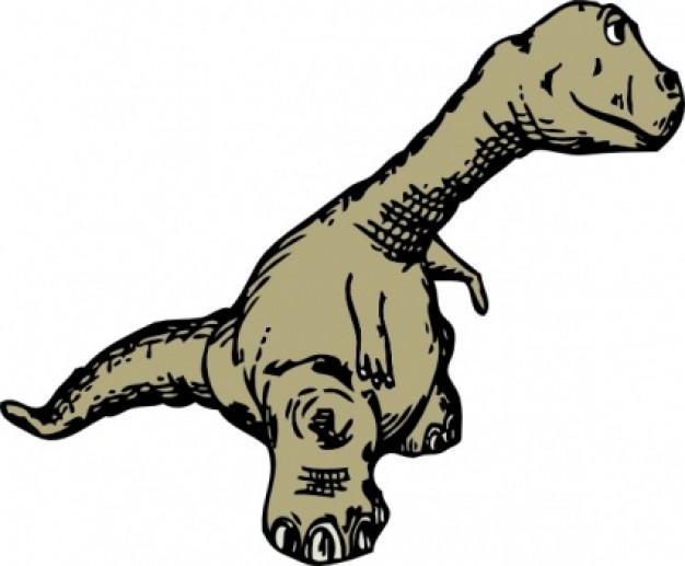 Illustration of a friendly-looking bipedal dinosaur with textured skin, long neck, and small arms, in sepia tones on white background.