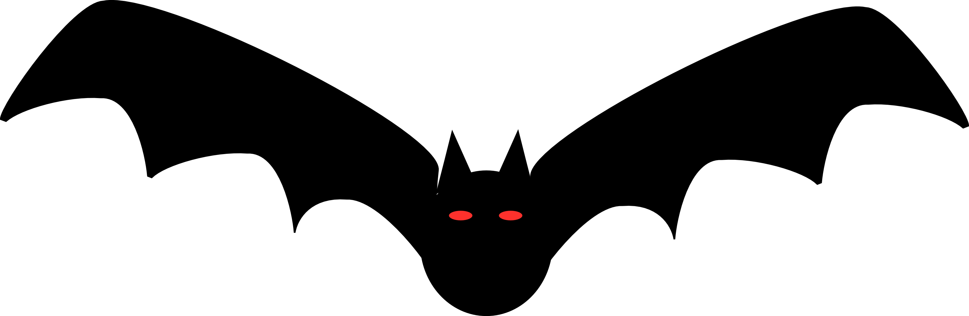 Silhouette of a flying bat with outstretched wings and glowing red eyes against a white background.
