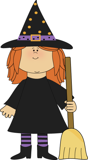 Cartoon witch with orange hair, black pointed hat with yellow dots, holding a broomstick.