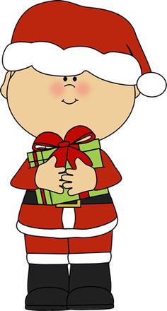 Cute cartoon child in Santa suit holding a wrapped gift with red bow.