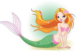 A cheerful cartoon mermaid with long orange hair, pink top, green tail, and flower in her hair, sitting on sandy seabed.