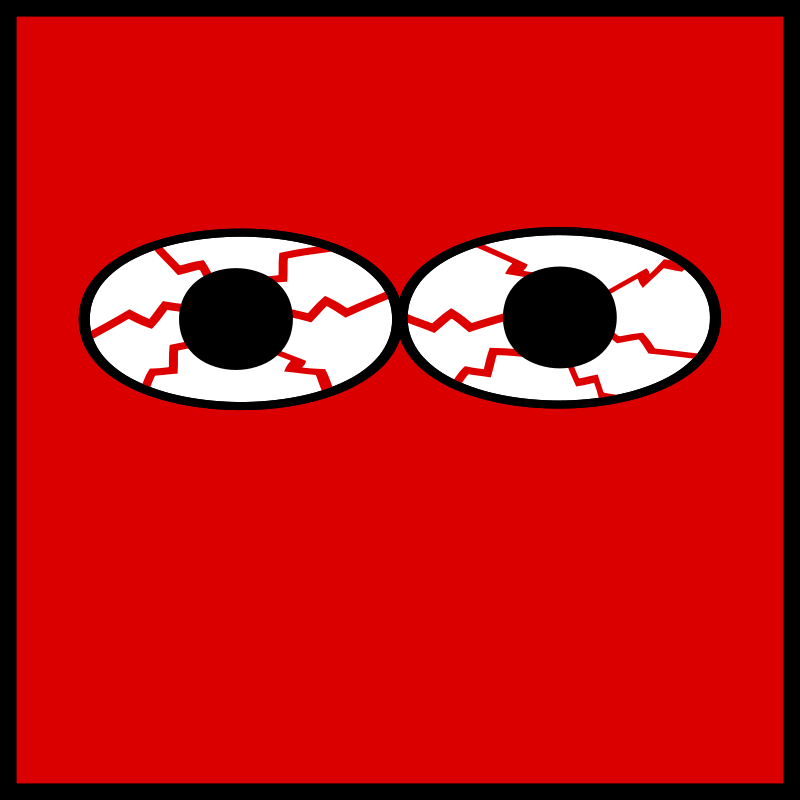 Two cartoon-style wide-open eyes with black pupils on a red background, expressing surprise or alertness.
