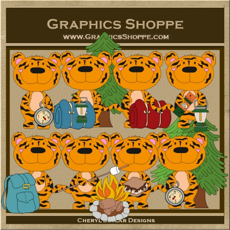 Eight cartoon tigers in camping gear-backpacks, lanterns, compasses, and marshmallow roasting-around pine trees and a campfire.