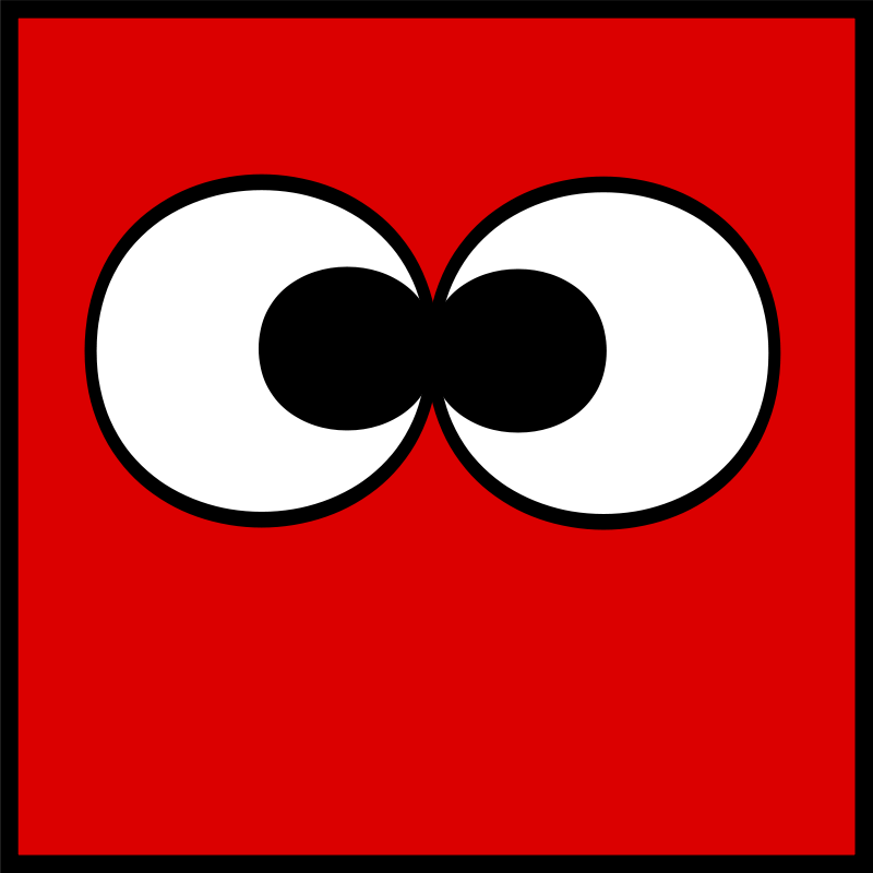Two large white cartoon eyes with black pupils on a bold red background, evoking surprise or alertness.