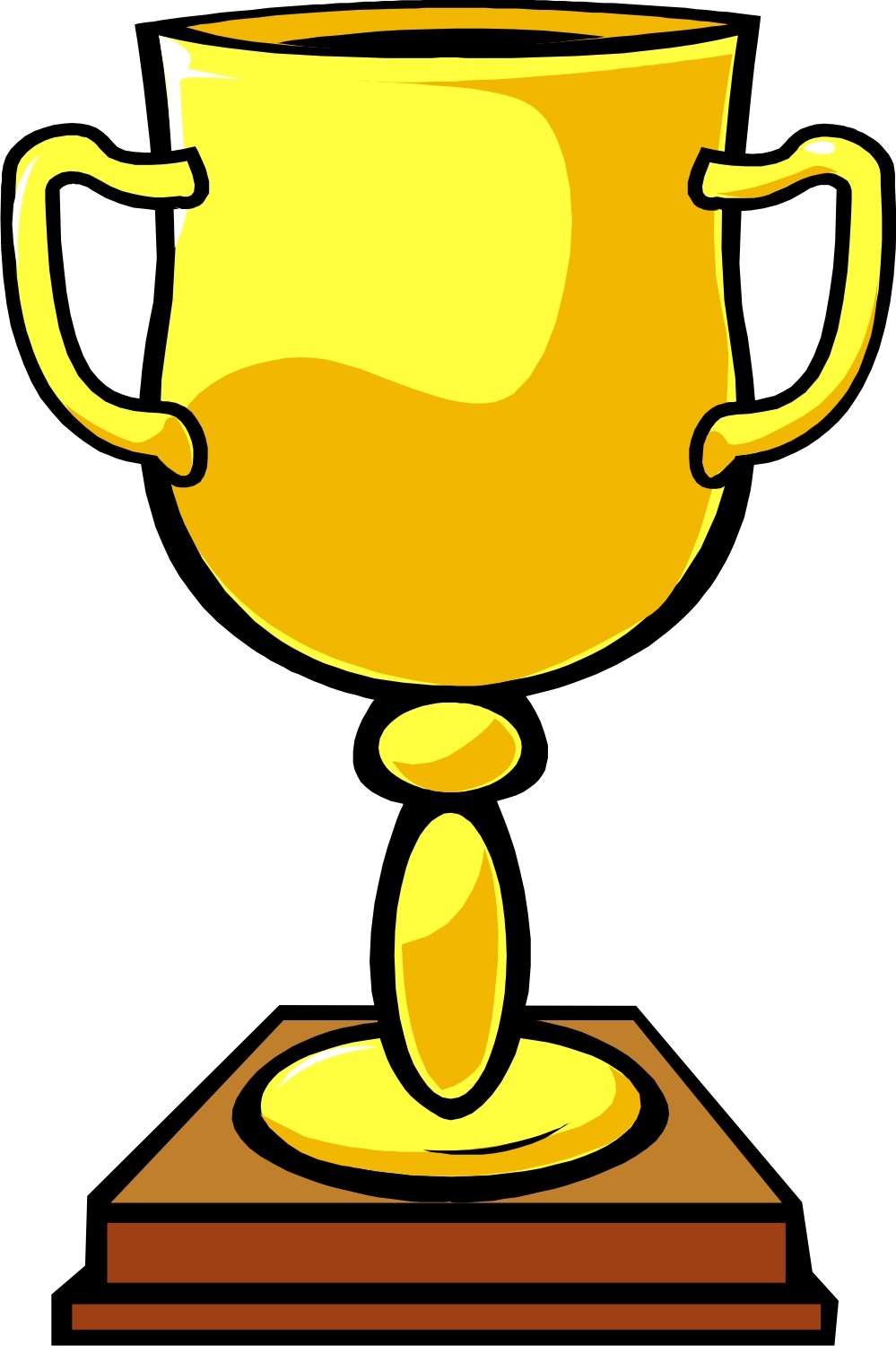 Golden trophy cup with two handles on a wooden base, symbolizing victory and achievement.