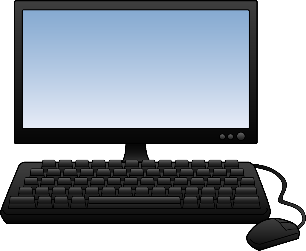 Black desktop computer with monitor, keyboard, and wired mouse on white background.