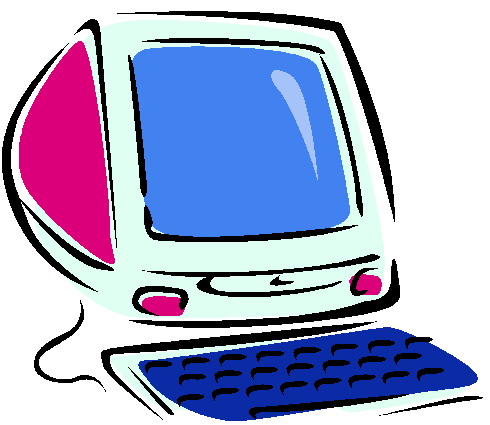 Vintage CRT computer with blue screen and pink accents, cartoon-style illustration.