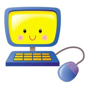 Friendly cartoon computer with smiling yellow screen, blue keyboard, and purple-blue mouse on white background.