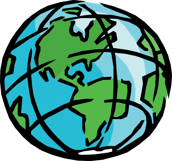 Hand-drawn cartoon globe showing Earth with green continents, blue oceans, and black latitude-longitude lines.