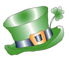 Green leprechaun hat with silver band, orange buckle, and shamrock sprig.