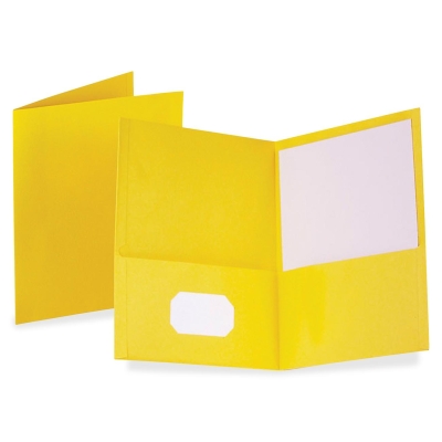 Bright yellow two-pocket folder with clear label window and blank interior sheet, shown open and closed on white background.