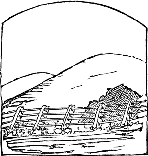 Hand-drawn sketch of a wooden fence along a riverbank with rolling hills in the background.