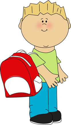 Cartoon boy with blond hair holding a red backpack, ready for school.