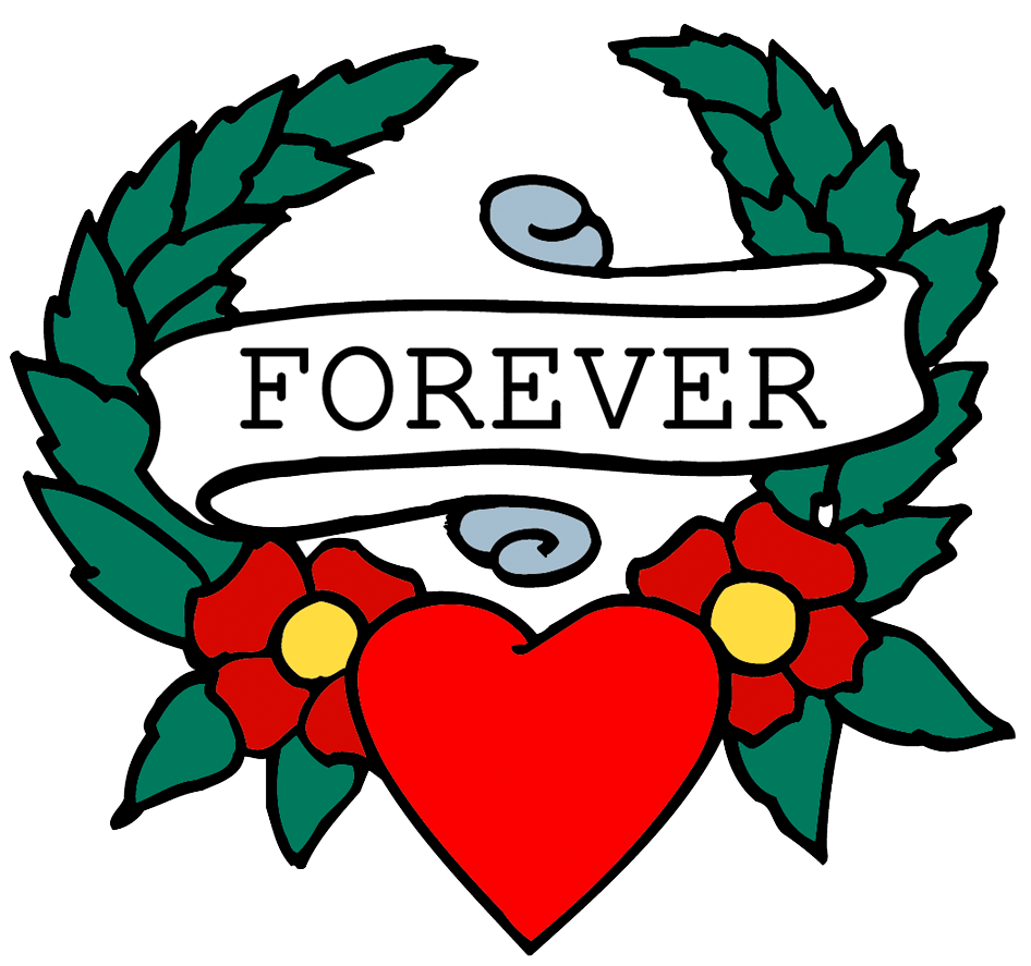Traditional tattoo-style illustration of a red heart flanked by red flowers and green laurel wreath, with "FOREVER" on a banner above.