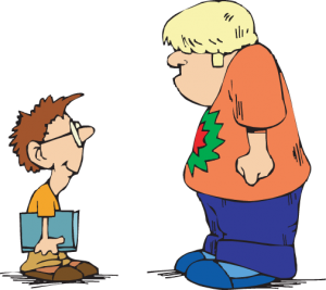 A cartoon boy with glasses holding a book looks up at a taller, stern-looking adult man in an orange shirt.