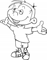 Cheerful cartoon boy with open arms, smiling widely, wearing a t-shirt, shorts, and sneakers.