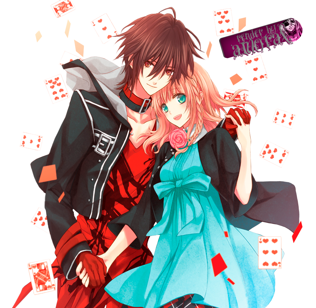 Anime-style couple embracing amid floating playing cards; male in red/black outfit, female in teal dress with rose accent.